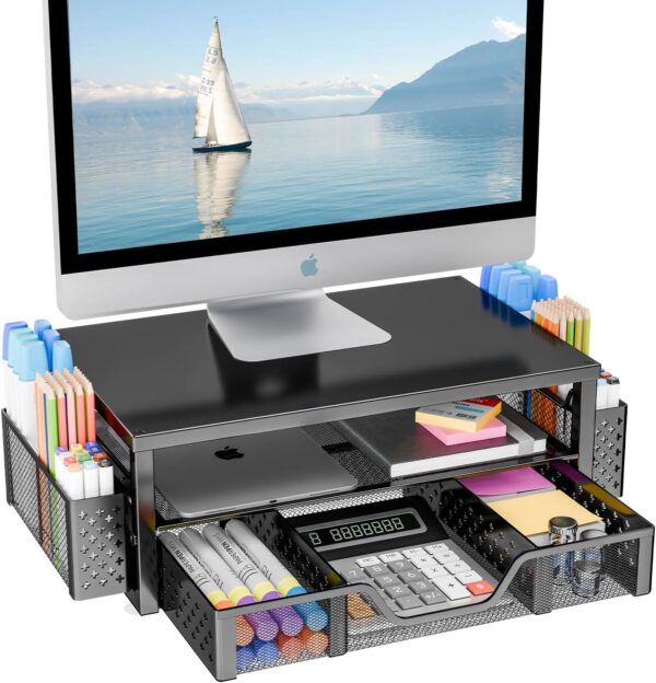 718JYVTZr9L._AC_SL1500_.jpg Simple Trending Desk Organizer and Accessories, 2-Tier Computer Monitor Stand Riser with Drawer and 2 Pen Holders for Office Supplies, Black