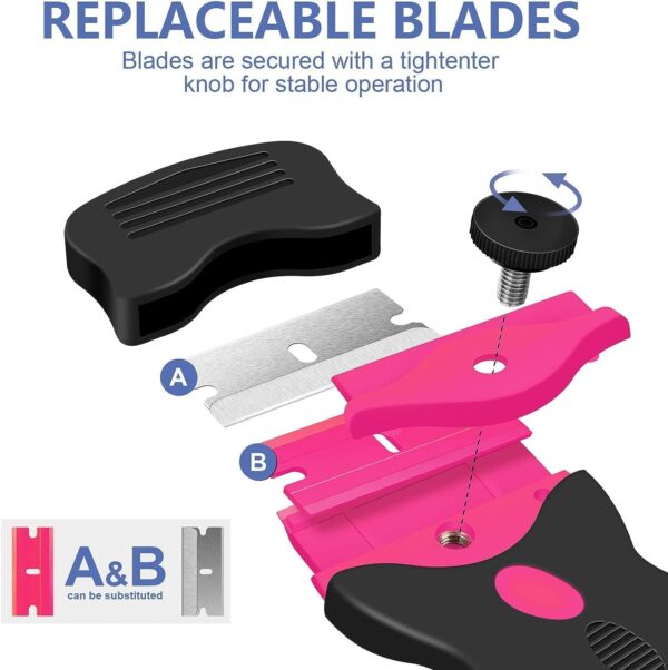 718Mbd-Q0AL._AC_SL1500_.jpg DEKEones Razor Blade Scraper, Double Edged Razorblade Scraping Tool with 10 Pcs Razor Blades, Paint Scraper for Glass, Decals, Tint, Stickers, Labels, Caulk, Adhesive(Pink)