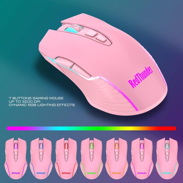 719EC5sq8TL._AC_SL1500_.jpg RedThunder K10 Wireless Gaming Keyboard and Mouse Combo, LED Backlit Rechargeable 3800mAh Battery, Mechanical Feel Anti-ghosting Keyboard + 7D 3200DPI Mice for PC Gamer (Pink)