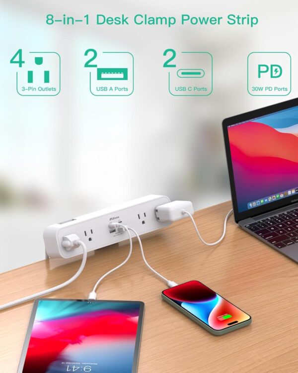 71AcRDeA-L._AC_SL1500_.jpg PD30W Desk Clamp Power Strip, Desktop Mount Surge Protector, Fast Charging Station, 5Ft Extension Cord Desk Edge Mount Shelf with 4 Outlets 4 USB Ports (2 USB C), Home Office Accessories Essentials