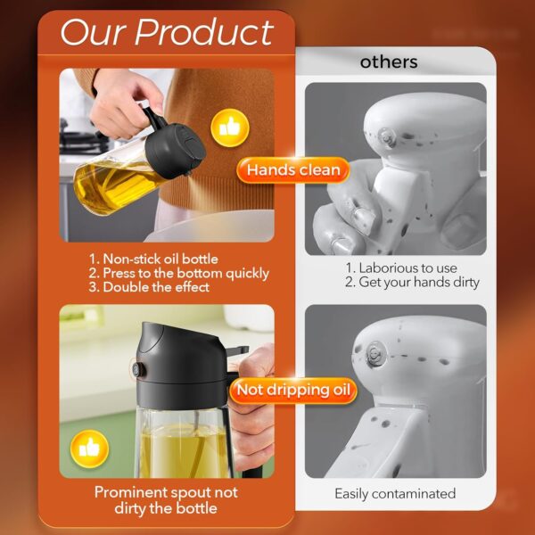 71A9av6loVL._AC_SL1500_.jpg YARRAMATE 16oz/470ml Glass Olive Oil Sprayer for Cooking with Stickers, 2 in 1 Oil Dispenser for Kitchen Gadgets, Food Grade Premium Spray Bottle with Portion Control for Salad, Frying, BBQ (Black)