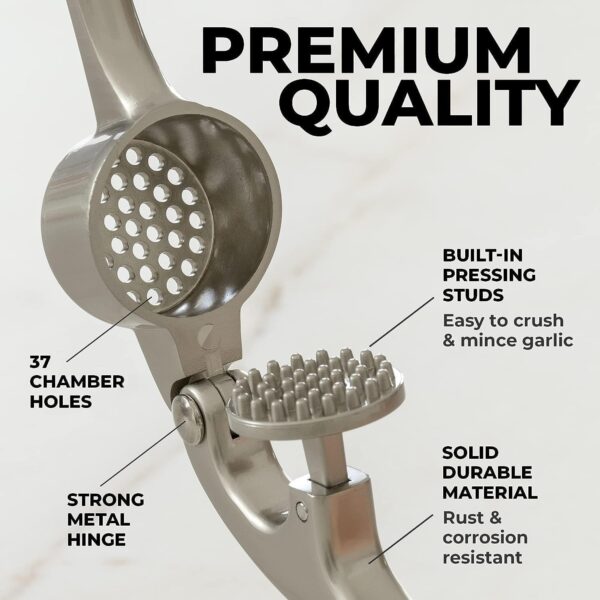 71AFkwNf1vL._AC_SL1500_.jpg Zulay Kitchen Premium Garlic Press Set - Rust Proof Professional Garlic Mincer Tool - Easy-Squeeze, Easy-Clean with Soft, Ergonomic Handle - Silicone Garlic Peeler & Brush (Silver)