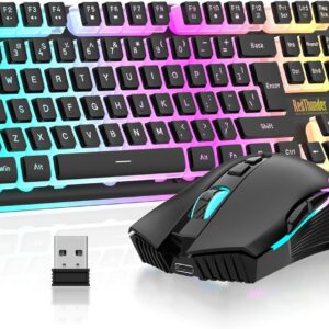 71ARxtHK7L._AC_SL1500_.jpg RedThunder K10 Wireless Gaming Keyboard and Mouse Combo, RGB Backlit Rechargeable 3800mAh Battery, Mechanical Feel Anti-ghosting Keyboard with Pudding Keycaps + 7D 3200DPI Mice for PC Gamer (Black)