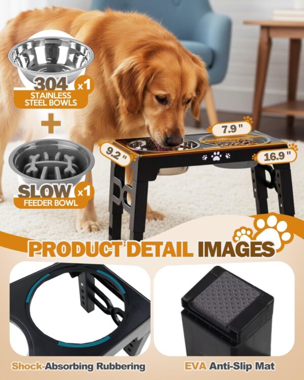 71BeJrSGVtL._AC_SL1500_.jpg Jovrun Elevated Dog Bowls for Medium Large Size Dogs, Non-Slip Dog Feeder with 1*Stainless Steel Dishes & 1*Slow Feeder Bowl, 5 Heights Adjustable Raised Bowls to 3.15″-8.66″-9.84″-11.02″-12.2″