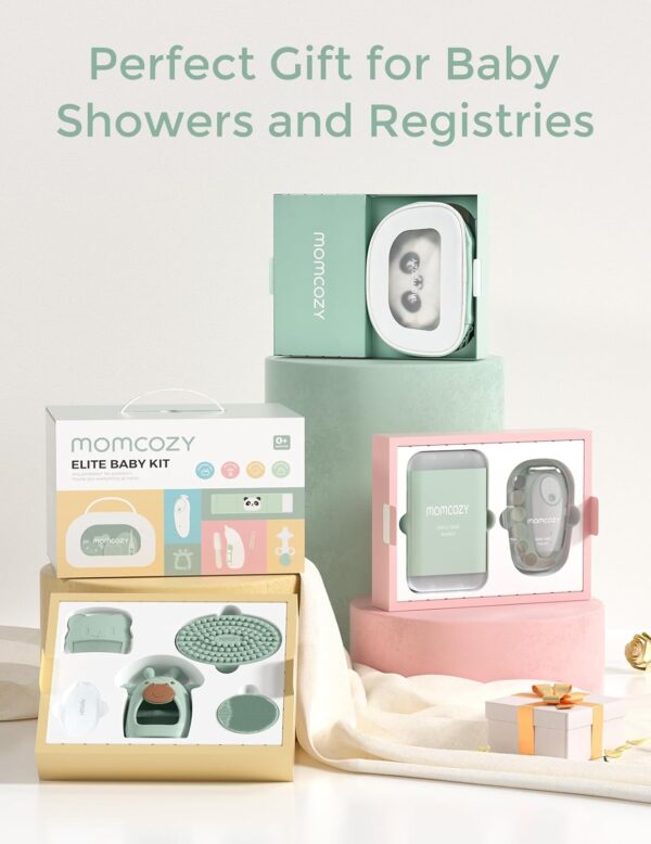 71D6vnkBuPL._AC_SL1500_.jpg Momcozy Elite Baby Kit, Superior Baby Shower & Registry Essential Kit for Grooming & Health & Cleansing Care, Electric Nail File & Nasal Aspirator,Tummy Wrap,Thermometer,Bath Brush,Teether,Storage Bag