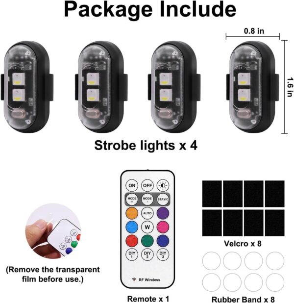 4PCS Wireless LED Strobe Lights with Remote Control, 8 Colors USB Charing Waterproof Anti-Collision Led Emergency Warning Lights for Car Motorcycle Drone Aircraft Bike