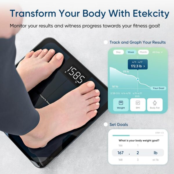 71Efy7h9DL._AC_SL1500_.jpg Etekcity Smart Scale for Body Weight, FSA&HSA Eligible, Bathroom Digital Weighing Scale with BMI, Body Fat, Muscle Mass, Accurate Bluetooth Home User Health Equipment Sync Apps, LED, Tempered glass