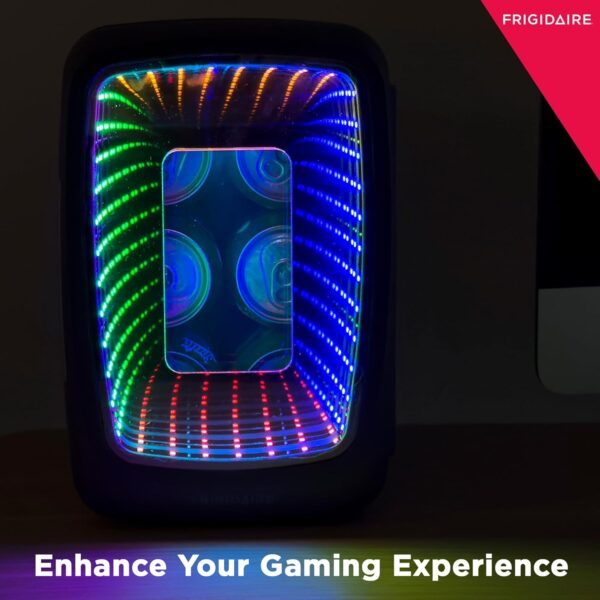 Frigidaire Gaming Light Up Mini Beverage Refrigerator, 6 can, 4 liters, Cooler with large see through door and LED lights Perfect for Gaming Experience, Home, Office, or Cars.12V Charger (Stealth)