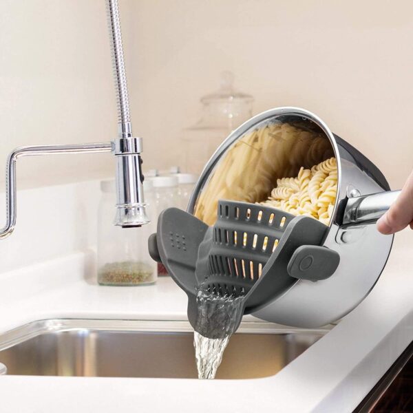 71G0qNk7geL._AC_SL1500_.jpg Kitchen Gizmo Snap N' Strain - Silicone Pasta Strainer Clip-On for Pots and Pans - Heat Resistant Colander for Vegetables and Noodles - Kitchen Gadgets for Cooking - Space-Saving Design - Gray