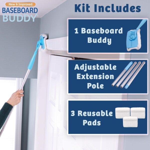 71GWLqSB1L._AC_SL1500_.jpg Baseboard Buddy | Lightweight Home Cleaning Essential, Perfect for Baseboards, Moldings & Walls, Glide & Wipe Trapping & Locking Dirt & Dust | As Seen on TV, (1 Baseboard Buddy & 3 Reusable Pads)