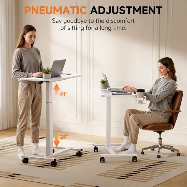 GTPLAYER Small Standing Desk with Wheels, Pneumatic Mobile Rolling Laptop Desk, Adjustable Height Overbed Bedside Table Computer Workstation for Home Office (28" W x 16" D, White)