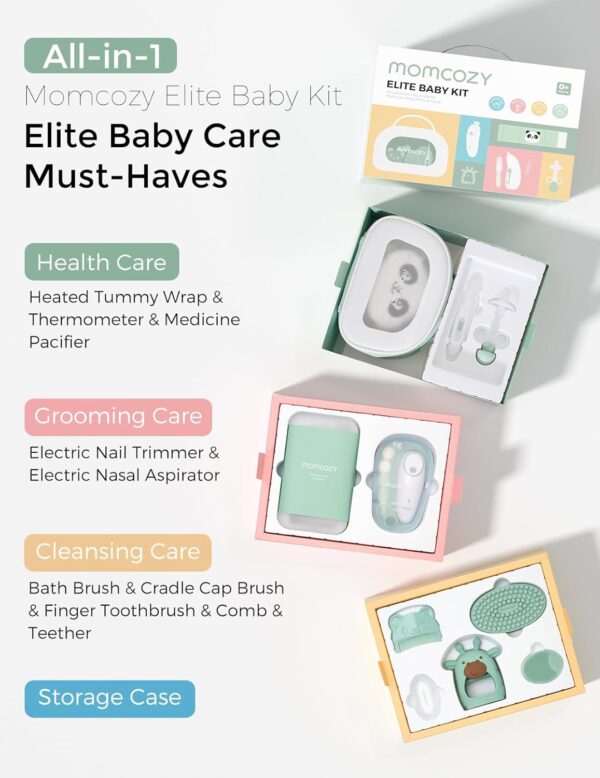71GnKR6N5wL._AC_SL1500_.jpg Momcozy Elite Baby Kit, Superior Baby Shower & Registry Essential Kit for Grooming & Health & Cleansing Care, Electric Nail File & Nasal Aspirator,Tummy Wrap,Thermometer,Bath Brush,Teether,Storage Bag