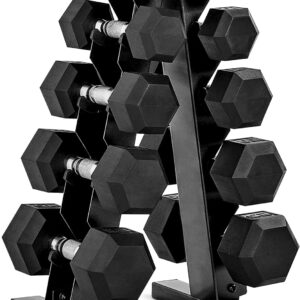 71HEqww6NtL._AC_SL1500_.jpg CAP Barbell Rubber Coated Hex Dumbbell Set with Storage Rack | 100–210 lb Options, Space-Saving Vertical Compact Storage for Home Gym Strength Training