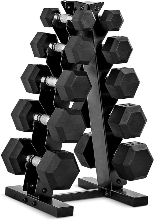 71HEqww6NtL._AC_SL1500_.jpg CAP Barbell Rubber Coated Hex Dumbbell Set with Storage Rack | 100–210 lb Options, Space-Saving Vertical Compact Storage for Home Gym Strength Training