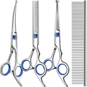 71Hcj2xqSjL._AC_SL1500_.jpg Professional 4 in 1 Dog & Cat Grooming Scissors Kit with Safety Round Tips,Sharp & Durable,Dog Shears for Grooming - Includes Straight, Curved, Thinning Scissors and Comb - Premium Pet Supplies