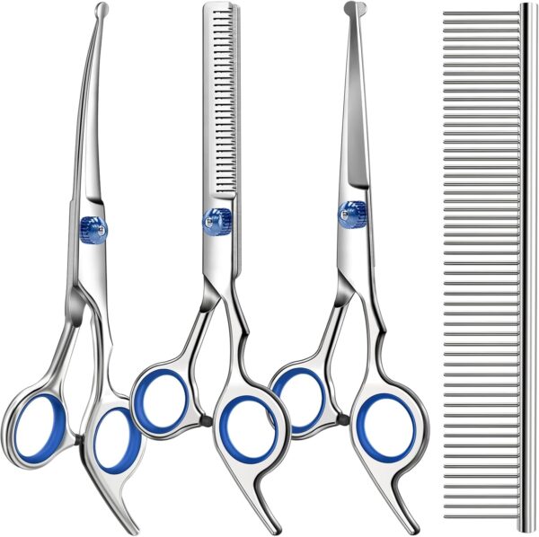 71Hcj2xqSjL._AC_SL1500_.jpg Professional 4 in 1 Dog & Cat Grooming Scissors Kit with Safety Round Tips,Sharp & Durable,Dog Shears for Grooming - Includes Straight, Curved, Thinning Scissors and Comb - Premium Pet Supplies