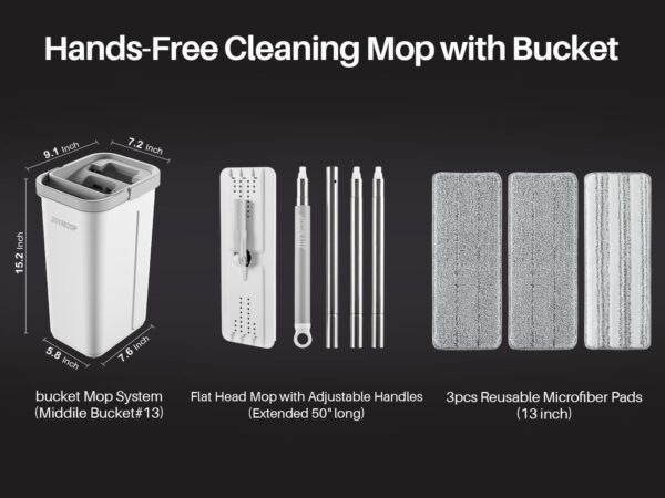 JOYMOOP Mop and Bucket Set, Hands-Free Flat Floor Mop with 3 Washable Microfiber Pads, Wet and Dry Use, Ideal for Home and Commercial Floor Cleaning