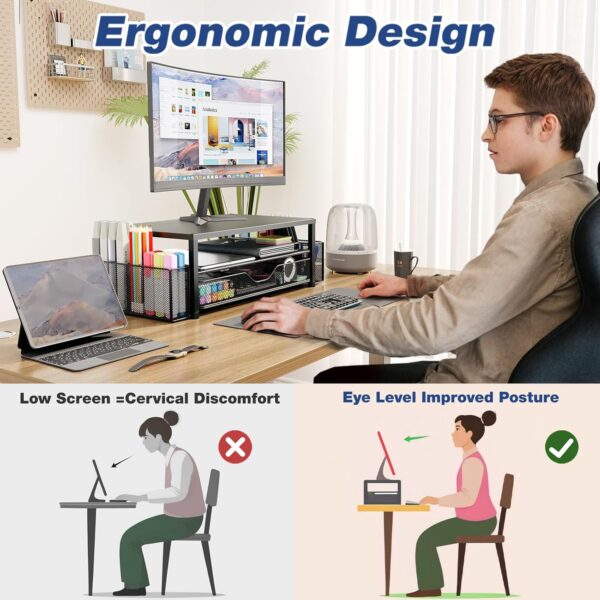71HqPTgoXXL._AC_SL1500_.jpg OPNICE Desk Organizer and Accessories, 2-Tier Computer Monitor Stand Riser with Drawer and 2 Pen Holders, Laptop Stand, Office Desk Accessories for Office Supplies, Black