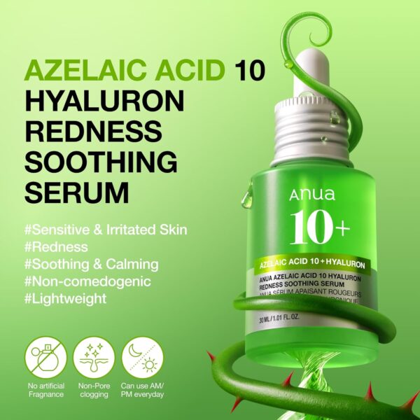 71IFzYSuOzL._SL1500_.jpg Anua Azelaic Acid 10 Hyaluron Redness Soothing Serum, Facial Serum for Blemish-Prone & Oily-Prone Skin, Lightweight & Hydrating Blemish Care, Hyaluronic Acid, Korean Skincare, 1.01 fl oz.