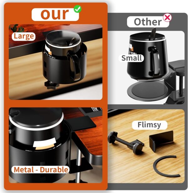 Upgraded Large Desk Cup Holder Clamp, OOKUU Anti-Spill Table Cup Holder, Metal Office & PC Gaming Desk Accessories, Compatible with Universal Cup, Bottles, Pencil Holder (Black)