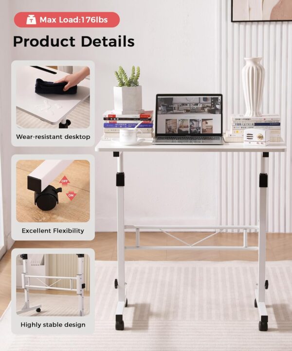 KLSMYHOKI Standing Desk Adjustable Height, Mobile Stand Up Desk with Wheels Small Computer Desk Rolling Desk, Portable Laptop Desk White Standing Table Home Office Desks 16"x31.5" Height 27"-43.5"