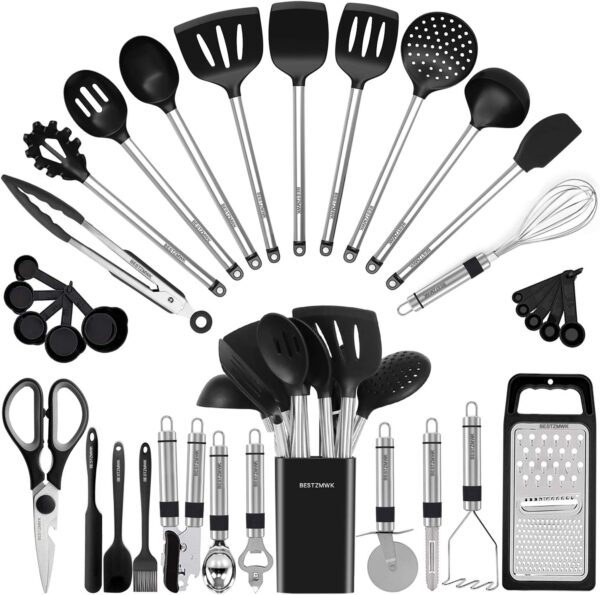 71J6P8L6ORL._AC_SL1500_.jpg Kitchen Utensil Set-Silicone Cooking Utensils-33 Kitchen Gadgets & Spoons for Nonstick Cookware-Silicone and Stainless Steel Spatula Set-Best Kitchen Tools, Useful Pots and Pans Accessories
