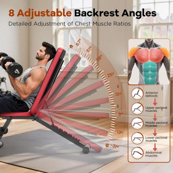 NICEPEOPLE Adjustable Weight Bench for Home Gym, 660LBS Capacity Workout Bench with 8 Backrests for Chest Shoulders Arms, Compact and Foldable Strength Bench for Small Space Apartment Room