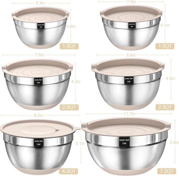 71JENemeXYL._AC_SL1500_.jpg Mixing Bowls with Airtight Lids Set, 26PCS Stainless Steel Khaki Bowls with Grater Attachments, Non-Slip Bottoms & Kitchen Gadgets Set, Size 7, 4, 2.5, 2.0,1.5, 1QT, Great for Mixing & Serving