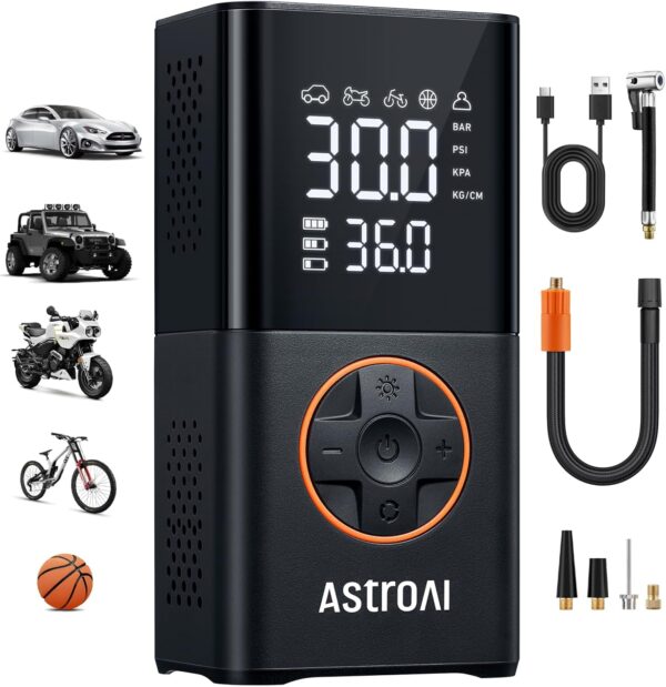71JfTGoHzqL._AC_SL1500_.jpg AstroAI L7 Tire Inflator Portable Air Compressor Cordless Mini Bike Pump with Digital Dual Values Display, 150 PSI Car Tires Air Pump with LED Lights&Pressure Gauge for Auto, Motorcycles, Bikes, Balls