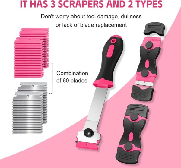 71JlSTbsR8L._AC_SL1500_.jpg Ywmoml 3 Pack Razor Blade Scraper Set, Includes 30 Plastic & 30 Metal Blades, Multi-Purpose Tool for Glass, Cooktop, Sticker Removal, Paint & Gum Cleaning (Pink)