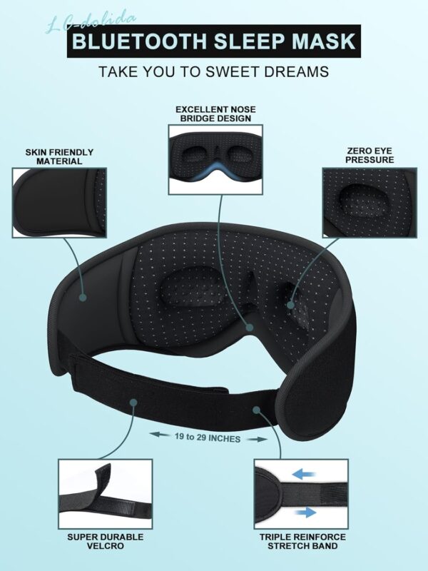 71JmQwV2hkL._AC_SL1500_.jpg LC-dolida Sleep Headphones, 3D Sleep Mask Bluetooth Wireless Music Eye Mask, Sleeping Headphones for Side Sleepers Sleep Mask with Bluetooth Headphones Ultra-Thin Stereo Speakers Perfect for Sleeping