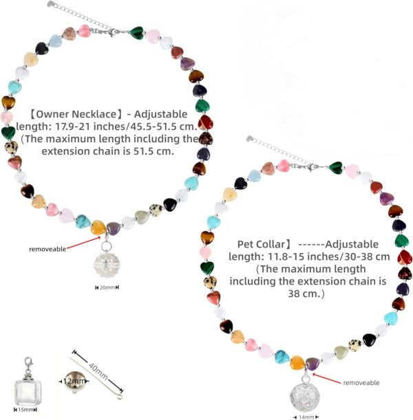 Handmade Matching Dog Collar & Owner Necklace Replaceable Pendant (Round Ball+Memory Vial) for Storing Pet Fur Gemstone Beaded Jewelry Set Dog Collar for Puppy, Large Cat Collar Set for Pet Lovers