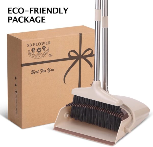 71KdQUgjzL._AC_SL1500_.jpg Broom and Dustpan Set with Long Handle, Light Weight Stainless Steel Poles Stand Upright Dustpans with Broom Combo for Home Kitchen Office Pet Dog Hair, Brown & Beige Color, 1-Pack