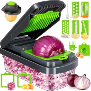 71ME2-Zl7ZL._AC_SL1500_.jpg Yusshn Vegetable Chopper,12-in-1 Multifunctional Food Chopper,Professional Onion Chopper with 7 Blades,Vegetable Cutter with Container for Salad,Potato,Carrot,and Garlic; Essential Kitchen Tool(Grey)
