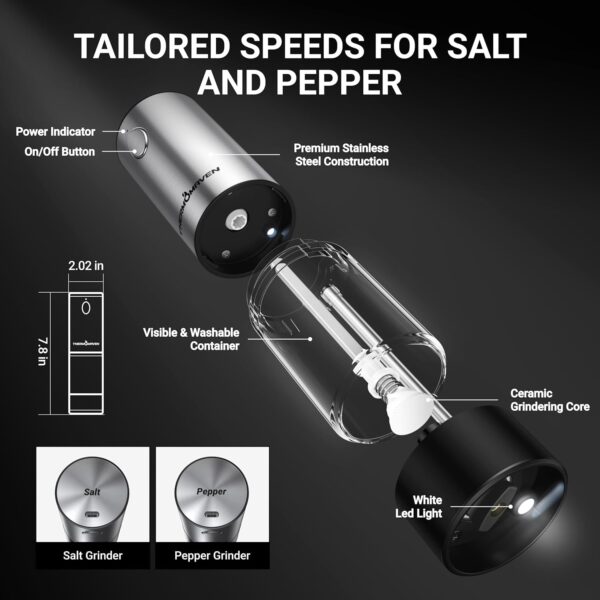 ThermoMaven Electric Salt and Pepper Grinder Set, 110ml Larger Rechargeable Automatic Salt and Pepper Mill Grinder with 6 Adjustable Coarseness, Electric Salt and Pepper Shakers, LED, 2 Packs, Black