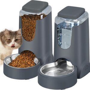 71NlEQctOBL._AC_SL1500_.jpg Automatic Cat Feeder and Water Dispenser with Stainless Steel Bowl Dog Gravity Food Feeder and Waterer for Small Medium Pets Puppy Kitten 1 Gallon x 2