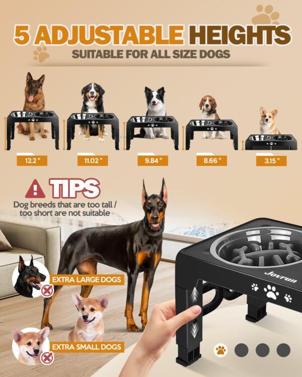 71OyGdMjOTL._AC_SL1500_.jpg Jovrun Elevated Dog Bowls for Medium Large Size Dogs, Non-Slip Dog Feeder with 1*Stainless Steel Dishes & 1*Slow Feeder Bowl, 5 Heights Adjustable Raised Bowls to 3.15″-8.66″-9.84″-11.02″-12.2″