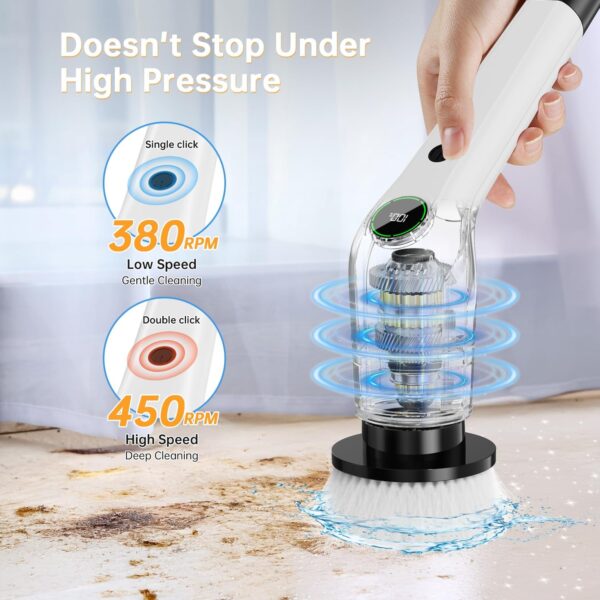 71Pe5THDfGL._AC_SL1500_.jpg PUFTEM Electric Spin Scrubber, Cordless Shower Scrubber with 8 Scrub Brush, 2 Speed with Adjustable Extension Handle, Battery Level Display, Power Scrubber for Bathroom Bathtub Tile Floor (Black)