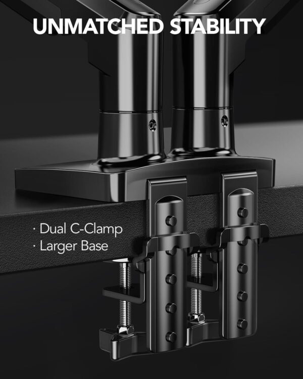 HUANUO FlowLift™ Dual Monitor Stand, Fully Adjustable Gaming Monitor Desk Mount for 13–32″ Computer Screens, Full Motion VESA 75x75/100x100 with C-Clamp & Grommet Base, Each Arm Holds 4.4 to 19.8 lbs