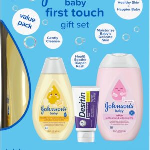 71QWV37D2-L._AC_SL1500_.jpg Johnson's First Touch Baby Essentials Gift Set with Body Wash & Shampoo, Body Lotion, & Zinc Oxide Diaper Rash Cream for Baby's Delicate Skin, Hypoallergenic, No Parabens or Dyes, 3 Items