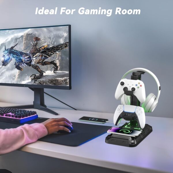 71Rfo5W6sL._AC_SL1500_.jpg KDD Headphone & Controller Stand with Wireless Charging - Rotatable Headset Stand with 9 Light Modes - Controller Holder with 2 USB and Type C Ports - for Gamers Desktop Accessories