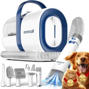 71RIawma33L._AC_SL1500_.jpg oneisall Dog Grooming Vacuum, Pet Grooming Vacuum with Clipper Nail Grinder, 1.5L Dust Cup Dog deshedding Brush with 7 Tools for Shedding Pet Hair, Home Cleaning(Blue)