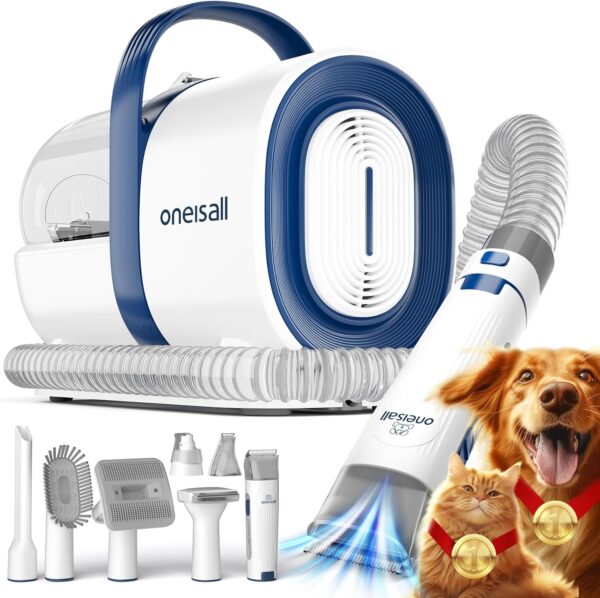 71RIawma33L._AC_SL1500_.jpg oneisall Dog Grooming Vacuum, Pet Grooming Vacuum with Clipper Nail Grinder, 1.5L Dust Cup Dog deshedding Brush with 7 Tools for Shedding Pet Hair, Home Cleaning(Blue)