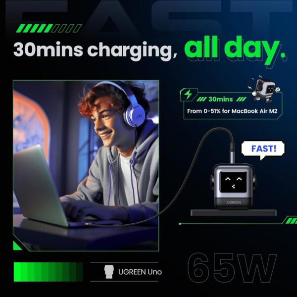 71SNrE1L2uL._AC_SL1500_.jpg UGREEN Uno 65W USB C Charger Block, Nexode 3-Port GaN Fast Charger with Screen, Fun Robot Gifts for Men Women, Compatible with iPhone 17, MacBook Pro/Air/Neo, XPS, Galaxy S26, Steam Deck, Black