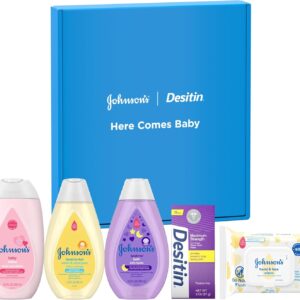 71UsQ0WBaUL._AC_SL1500_.jpg Johnson's Baby Here Comes Baby Gift Set, Baby Essentials for New Parents with Moisturizing Lotion, Bedtime Bath, Body Wash & Shampoo, Hand & Face Wipes, & Diaper Rash Cream, 5 Items