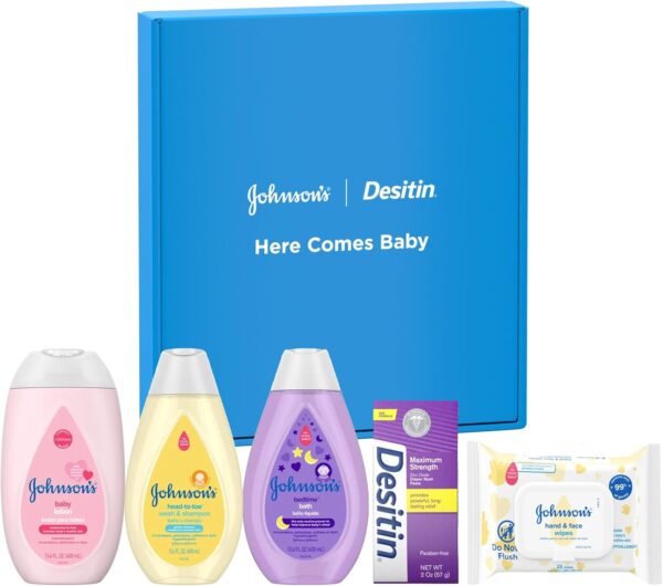 71UsQ0WBaUL._AC_SL1500_.jpg Johnson's Baby Here Comes Baby Gift Set, Baby Essentials for New Parents with Moisturizing Lotion, Bedtime Bath, Body Wash & Shampoo, Hand & Face Wipes, & Diaper Rash Cream, 5 Items