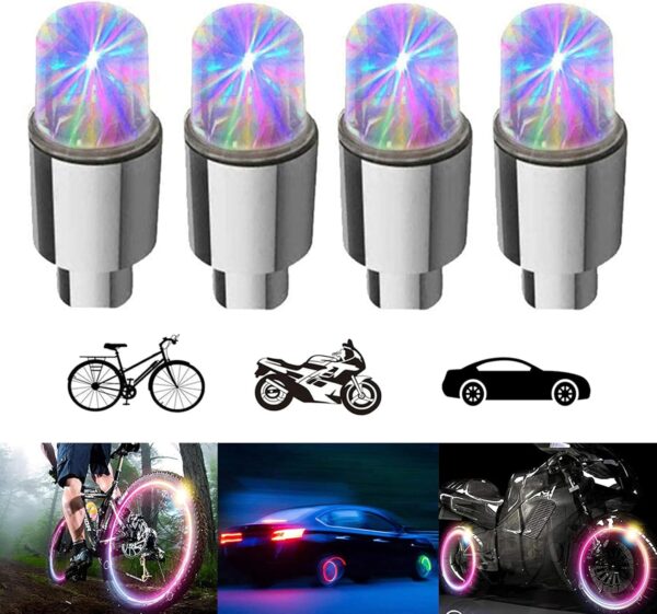 71VC5uS659L._AC_SL1500_.jpg 4 Pack LED Bike Wheel Lights Car Tire Valve Stems Caps Bicycle Motorcycle Waterproof Tyre Spoke Flash Light Cool Reflector Accessories for Men Women Kids (Colorful)