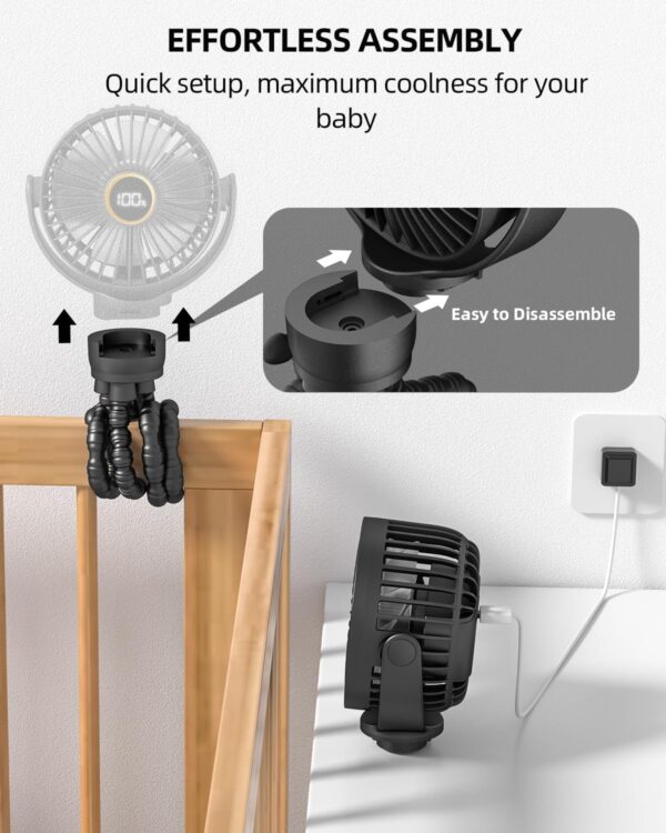 71Vrajyn8vL._AC_SL1500_.jpg Portable Stroller Mini Fan, Small Rechargeable Personal Fan, Baby Travel Essentials for Wagon, Car Seat, Treadmill, Battery Powered Biking Gear Accessories, 360° Rotation, 3-Speed, Display, Black
