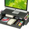 ECOLOVI Desk Organizer and Accessories, 2-Tier Computer Monitor Stand Rise with Storage Drawer & 2 Pen Holders, Laptop & Printer Stand for Desktop, Workspace Organizers for Office Supplies (Black)