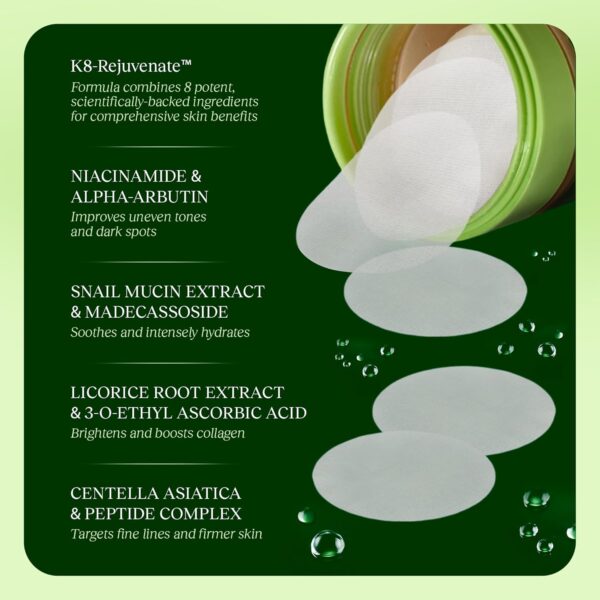 71WK6CAsywL._SL1500_.jpg JiYu Toning Polish Pads - Korean Skincare for Dark Spots, Wrinkles & Dull Skin - Hydrating Facial Treatment with Snail Mucin, Niacinamide, Peptides & Centella - 100 Count
